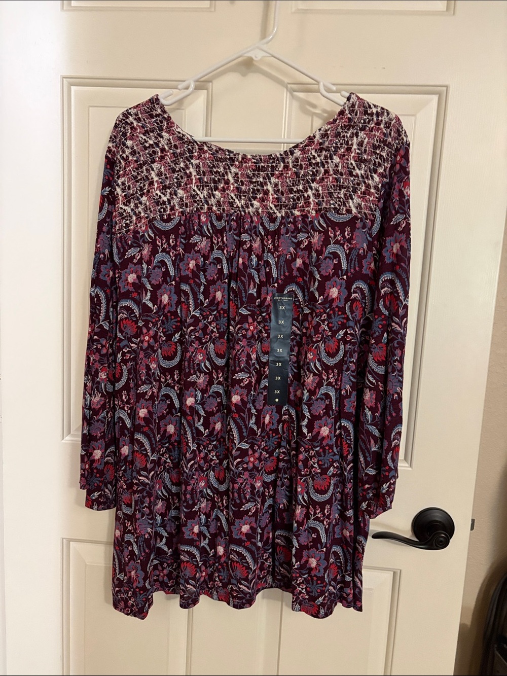 Lucky Brand Burgundy Floral Smocked Neck Long Sleeve Top